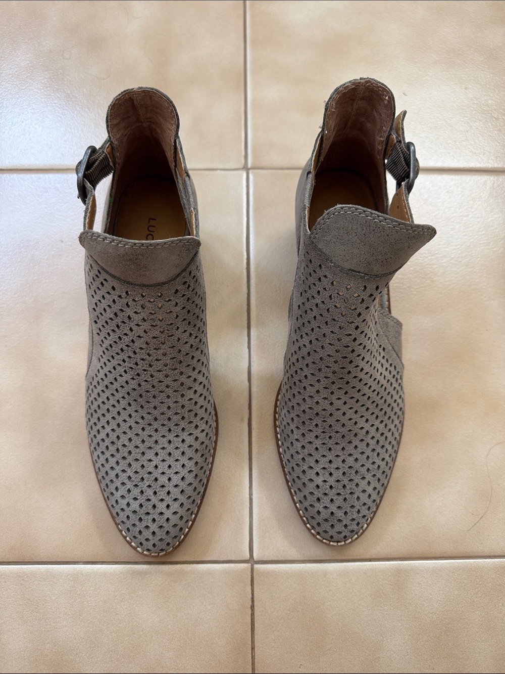Lucky Brand Taupe Perforated Suede Cutout Ankle Booties